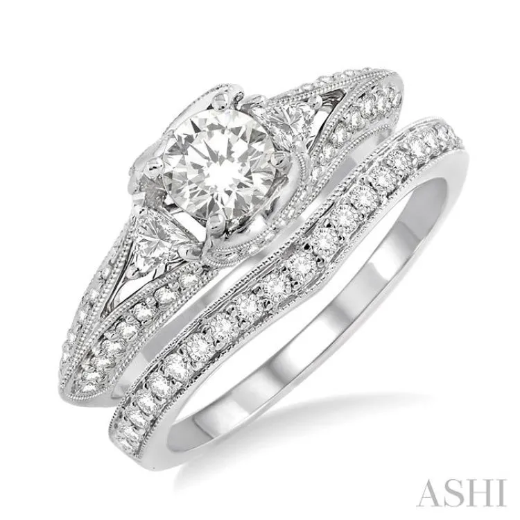 1 1/5 Ctw Diamond Wedding Set with 1 Ctw Round Cut Engagement Ring and 1/5 Ctw Wedding Band in 14K White Gold