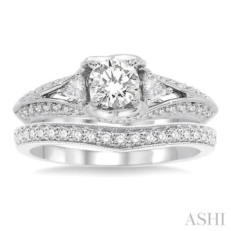 1 1/5 Ctw Diamond Wedding Set with 1 Ctw Round Cut Engagement Ring and 1/5 Ctw Wedding Band in 14K White Gold