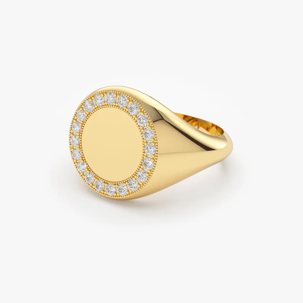 14K Gold Diamond Round Signet Ring