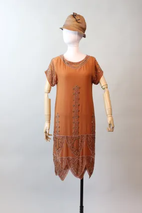 1920s rare PUMPKIN beaded GOLD STUD dress xs small | new fall