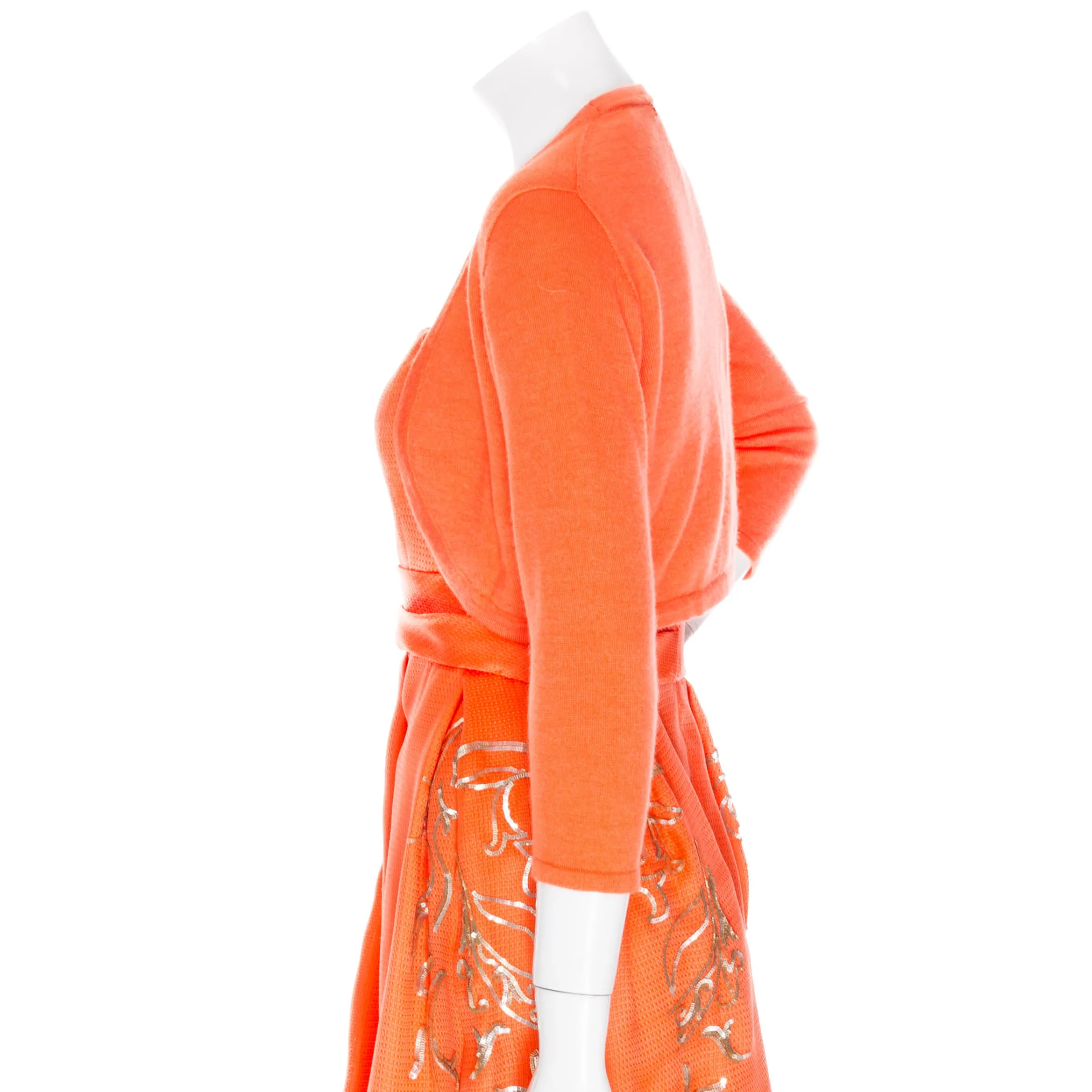 2014 Orange Silk Gold Sequin Dress and Cashmere Bolero Cardigan Set