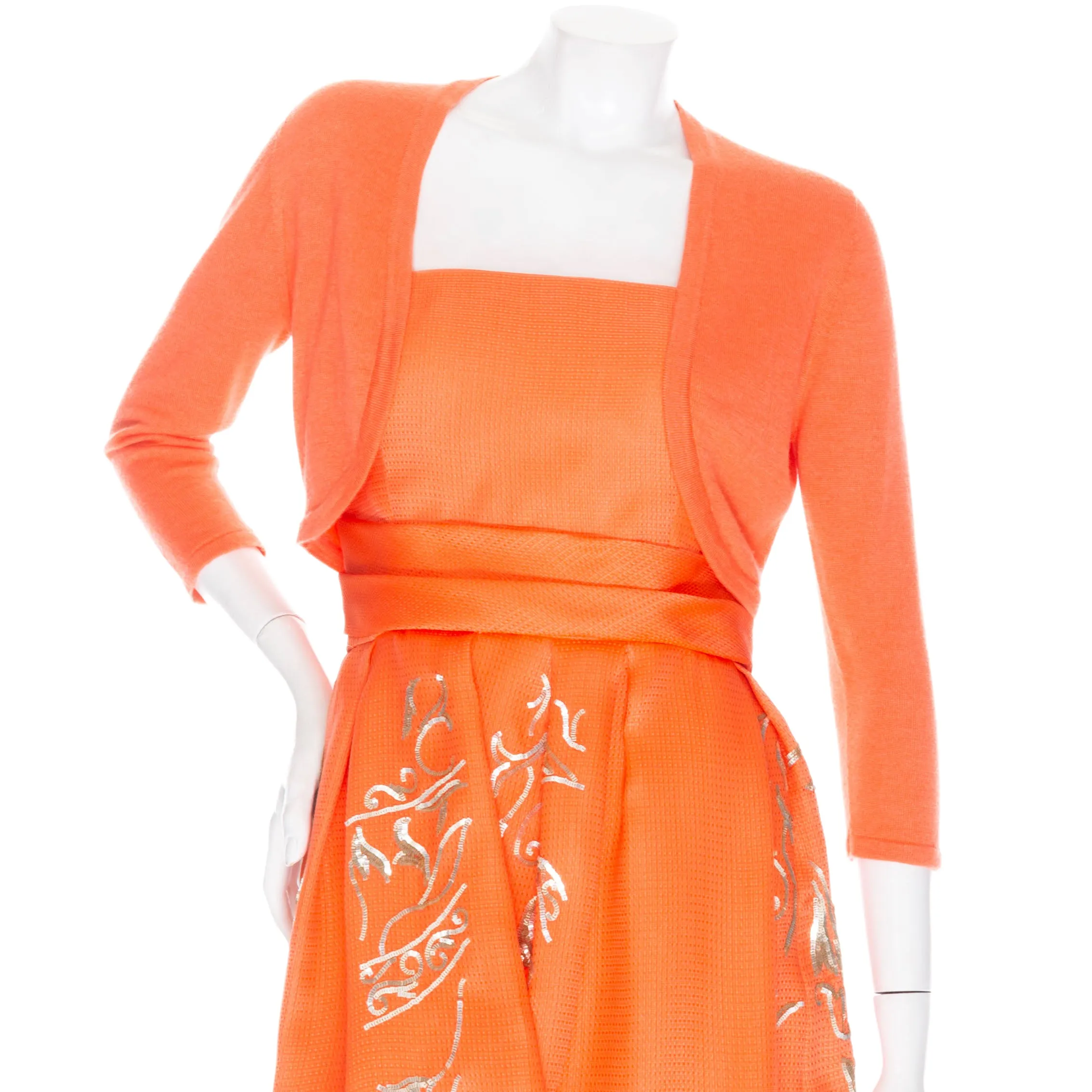 2014 Orange Silk Gold Sequin Dress and Cashmere Bolero Cardigan Set