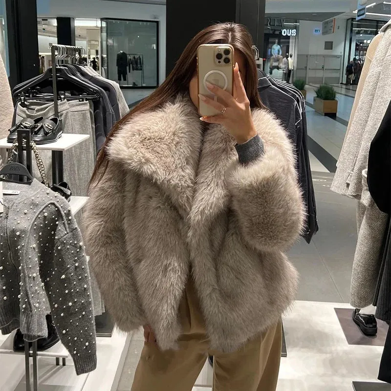 2024 Winter New Fashion Gradient Fluffy Fur Coat Women High Street Luxury Big Fur Collar Faux Fox Fur Jacket Female Overcoats