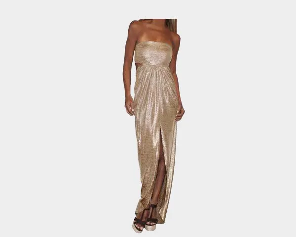 4.5 Metallic Gold Strapless Front Slit Dress - The Milan