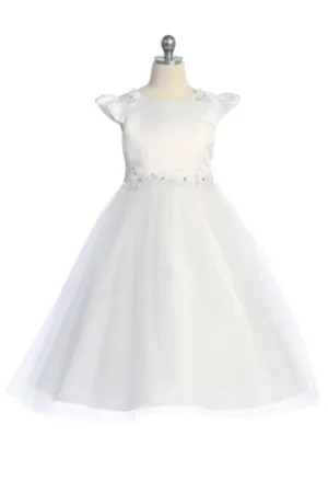 562 Capped Sleeve Satin & Tulle Girls First Communion or Flower Girl Dress with Floral Trim and Plus Sizes