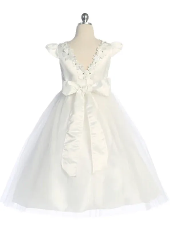 562 Capped Sleeve Satin & Tulle Girls First Communion or Flower Girl Dress with Floral Trim and Plus Sizes