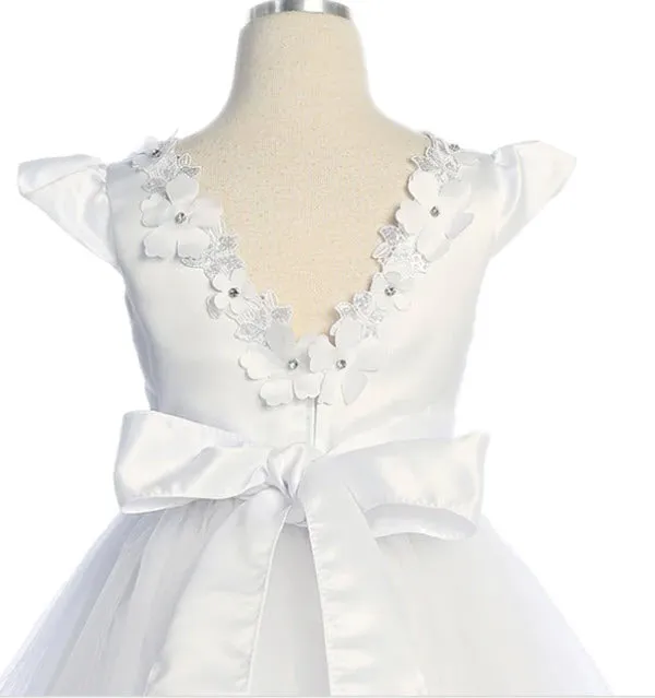 562 Capped Sleeve Satin & Tulle Girls First Communion or Flower Girl Dress with Floral Trim and Plus Sizes