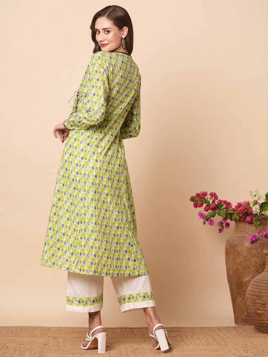 Abstract Printed Crochet Lace Work Angrakha Kurta with Pants - Lime green