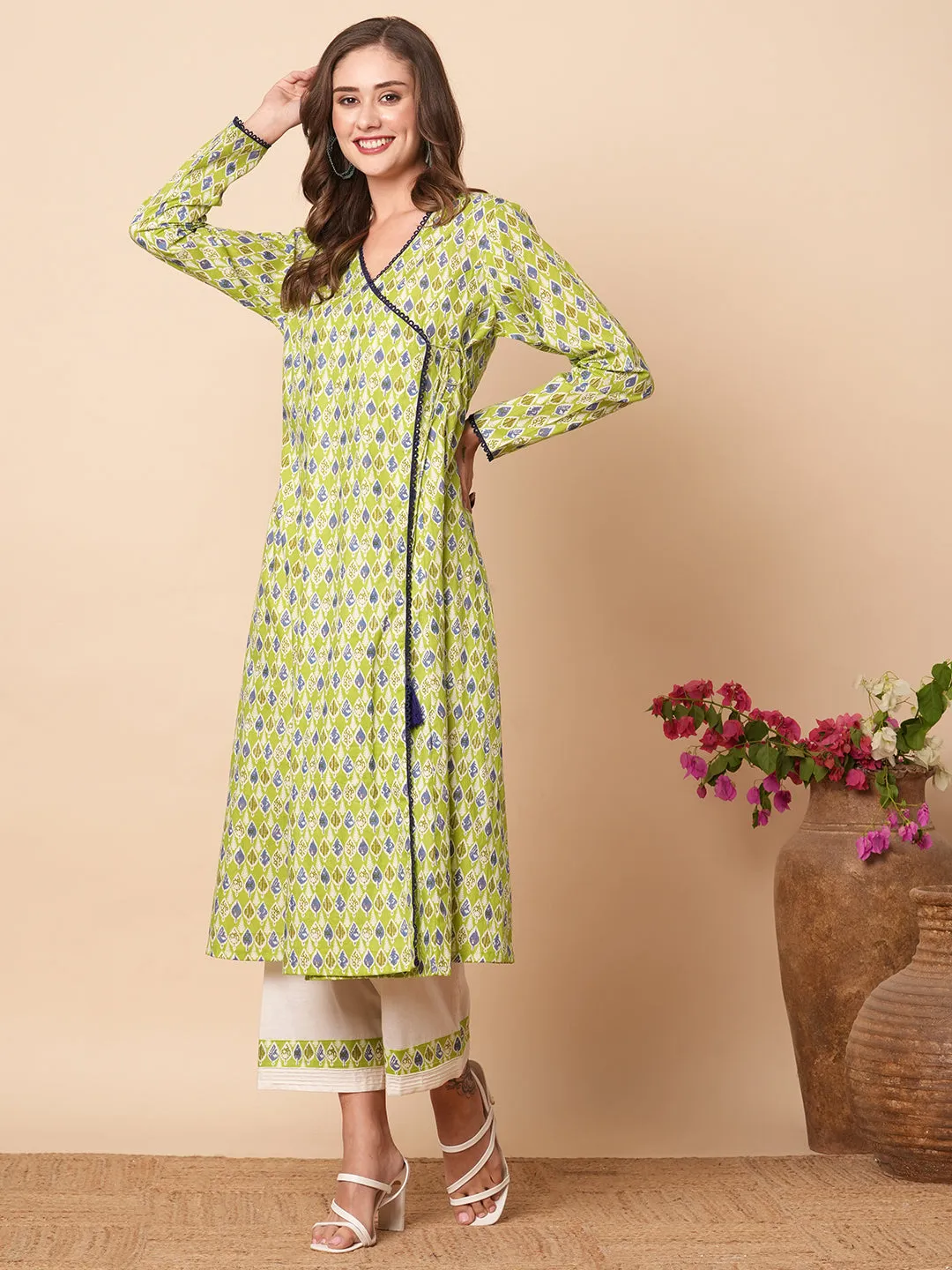 Abstract Printed Crochet Lace Work Angrakha Kurta with Pants - Lime green