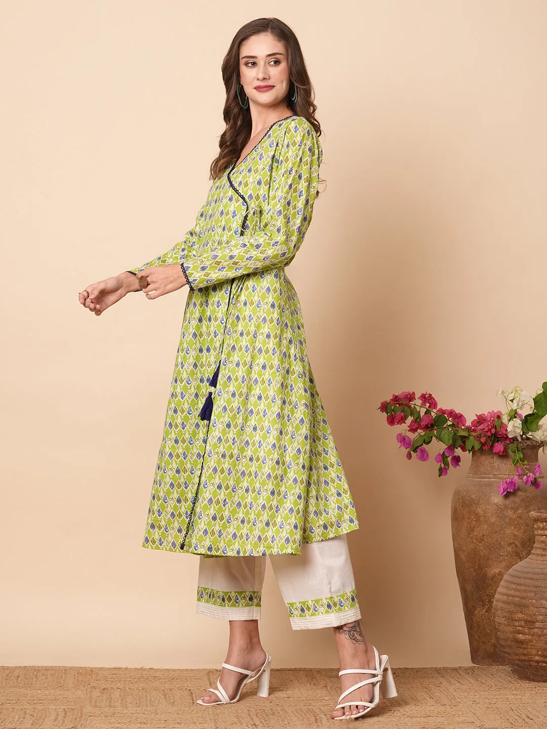 Abstract Printed Crochet Lace Work Angrakha Kurta with Pants - Lime green