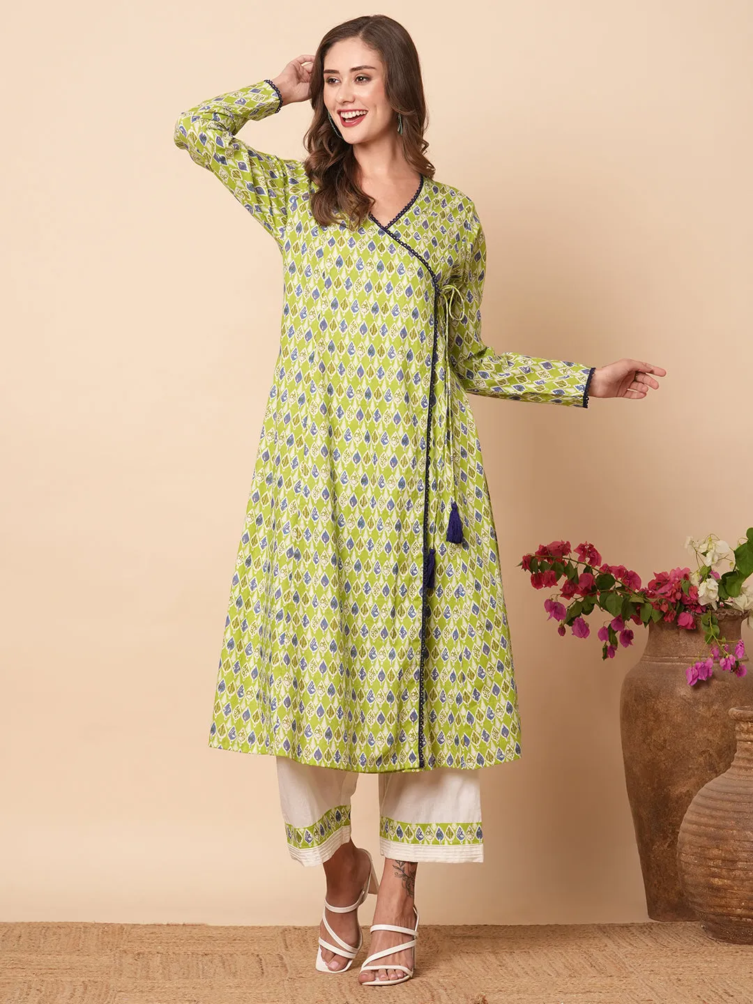 Abstract Printed Crochet Lace Work Angrakha Kurta with Pants - Lime green