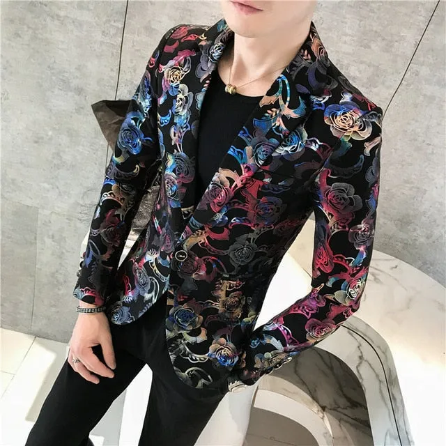 Abstract Printed Slim Fit One Button Blazer