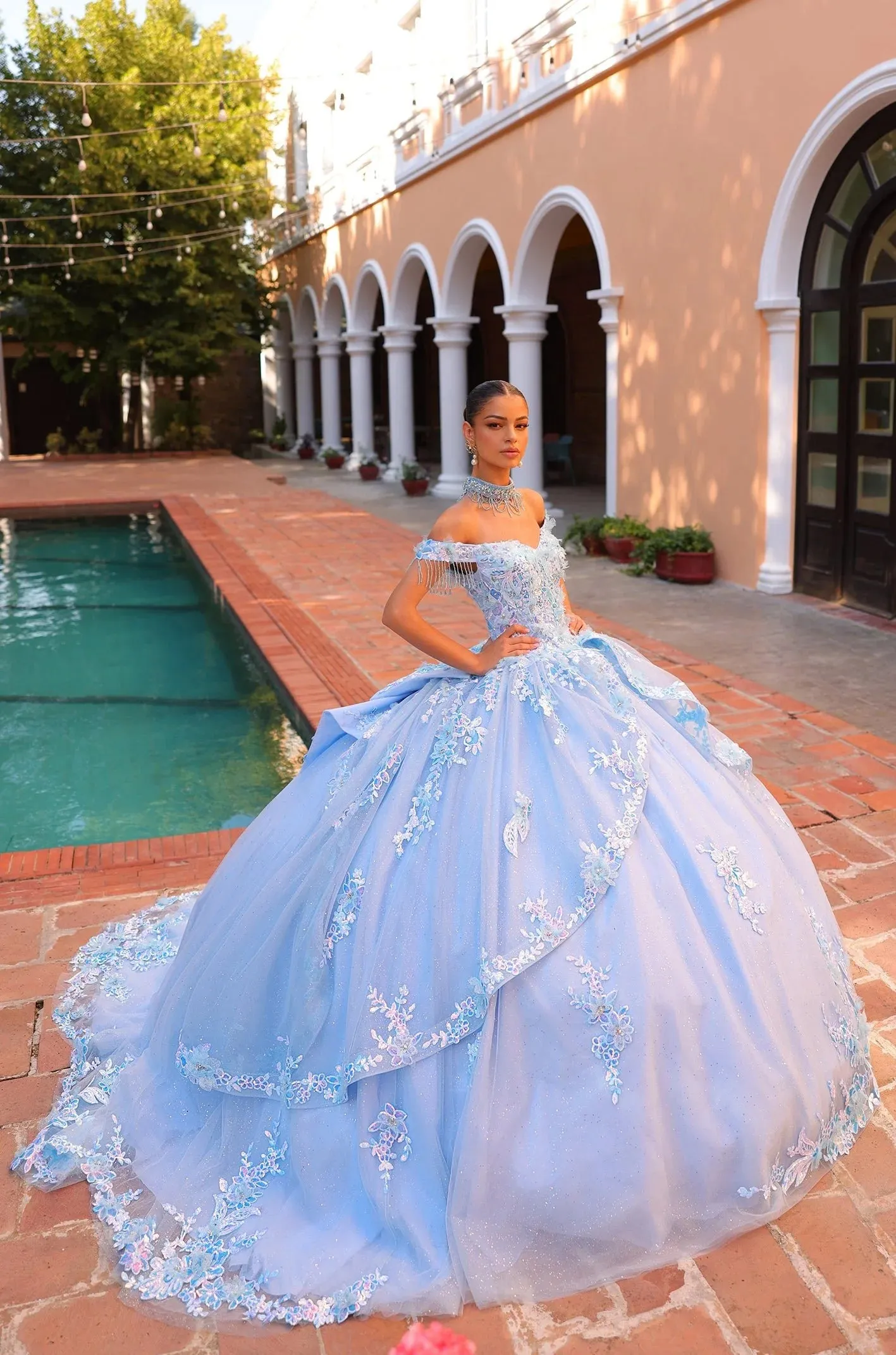 Amarra 54305 quinceanera Dress Lace Shimmer Ballgown Off the shoulder Cape Train Sequin Beaded