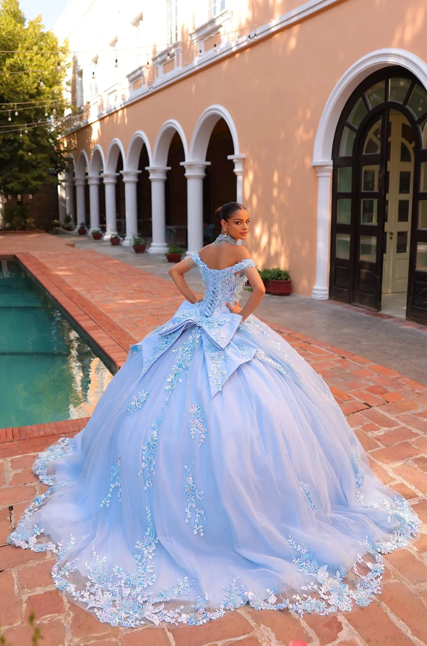 Amarra 54305 quinceanera Dress Lace Shimmer Ballgown Off the shoulder Cape Train Sequin Beaded