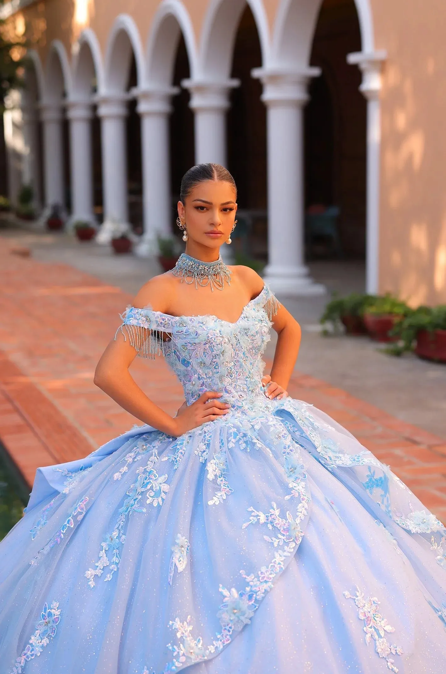 Amarra 54305 quinceanera Dress Lace Shimmer Ballgown Off the shoulder Cape Train Sequin Beaded