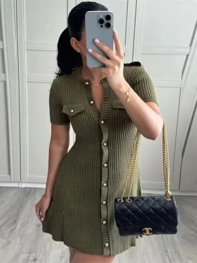 Amozae Knit Ribbed Pocket Mini Dress Female Short Sleeve Cardigan Patchwork Slim Solid Party Dress Women's Knitwear Autumn Dress