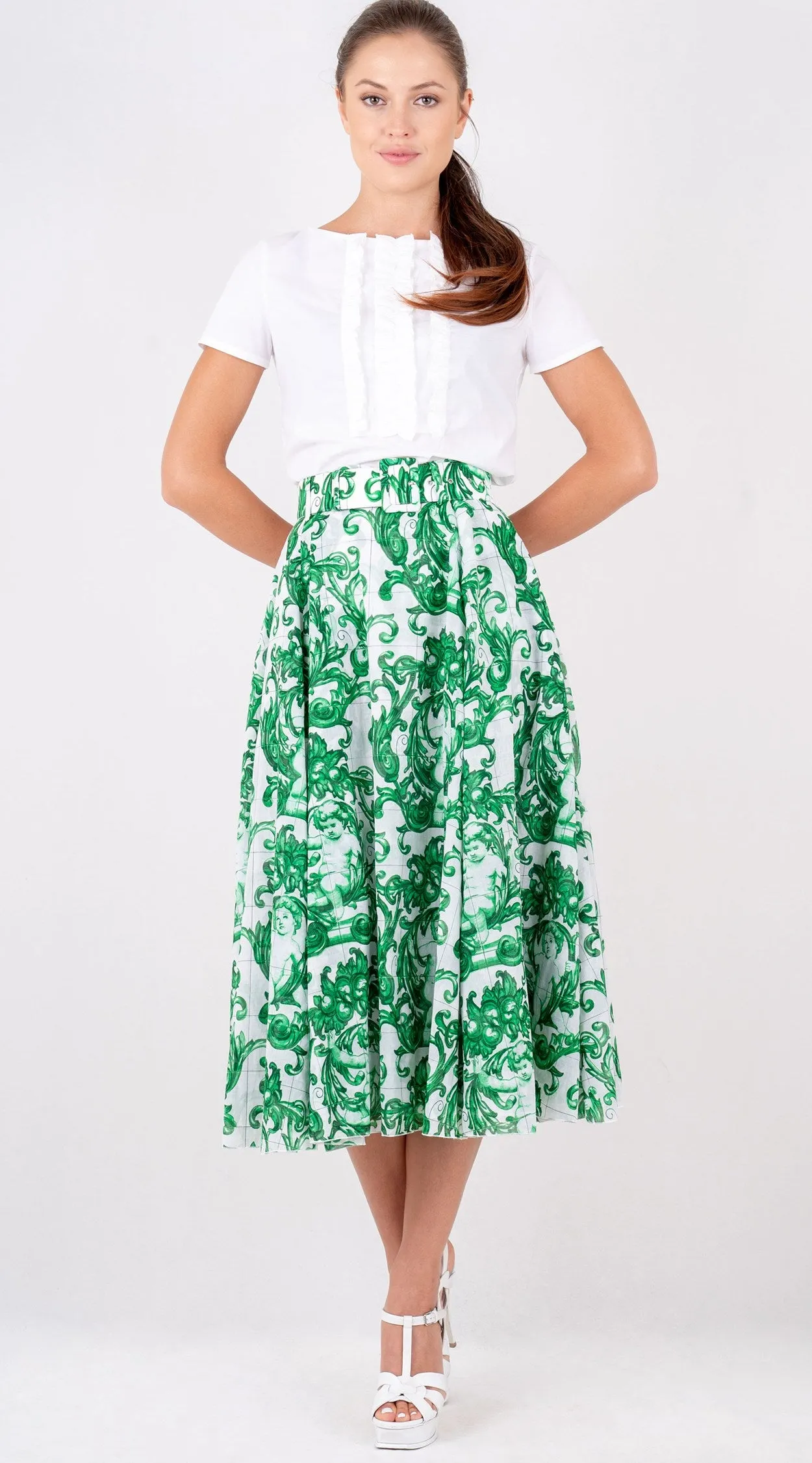 Aster Skirt #1 with Belt Midi Length Cotton Musola (Cherub Tile)