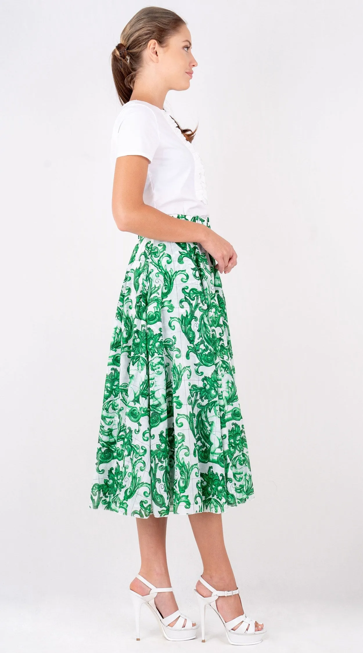 Aster Skirt #1 with Belt Midi Length Cotton Musola (Cherub Tile)