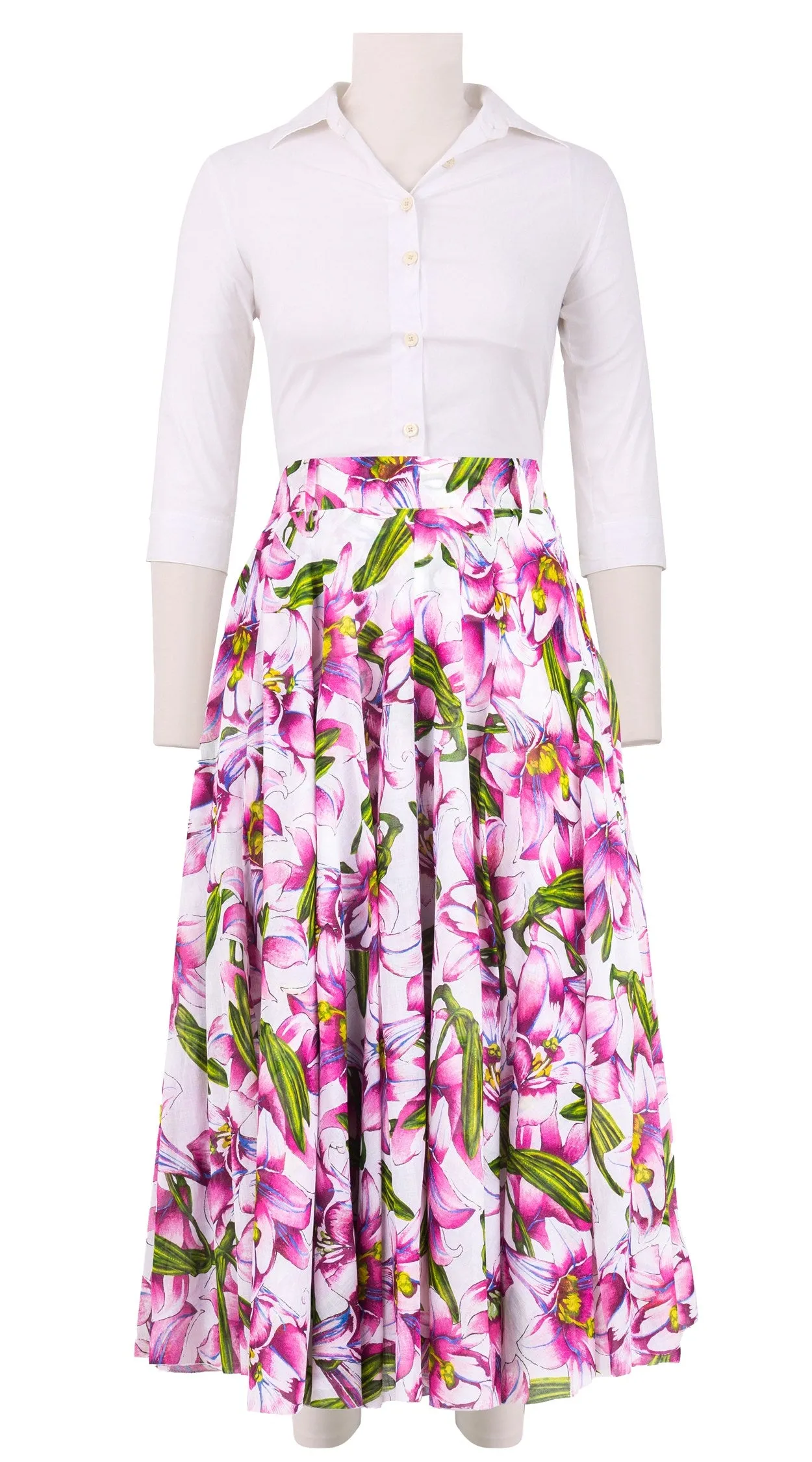 Aster Skirt #1 with Belt Midi Length Cotton Musola (Paper Lillies White)