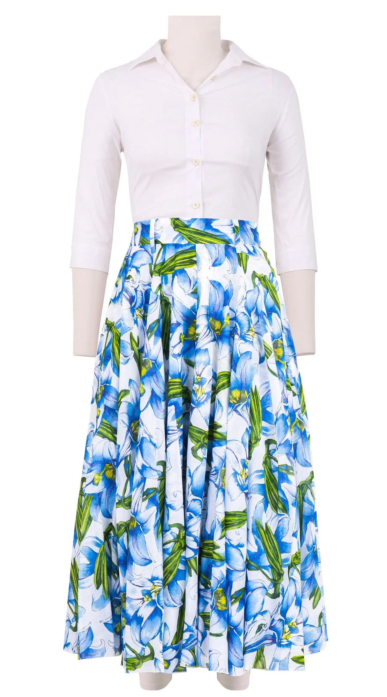 Aster Skirt #1 with Belt Midi Length Cotton Musola (Paper Lillies White)