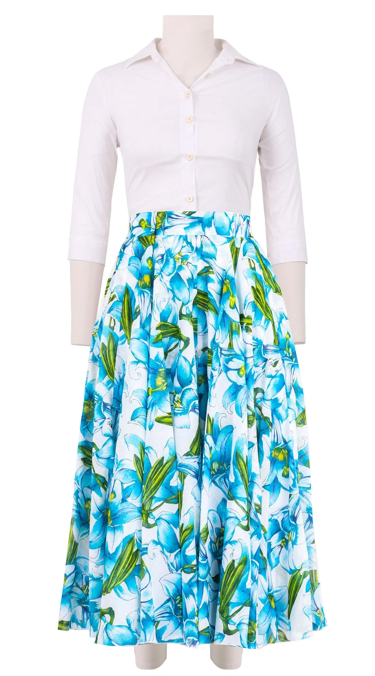 Aster Skirt #1 with Belt Midi Length Cotton Musola (Paper Lillies White)