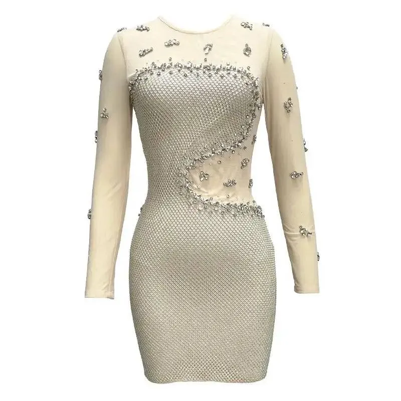 Aureole Sparkly Mesh Diamond Mini Dress