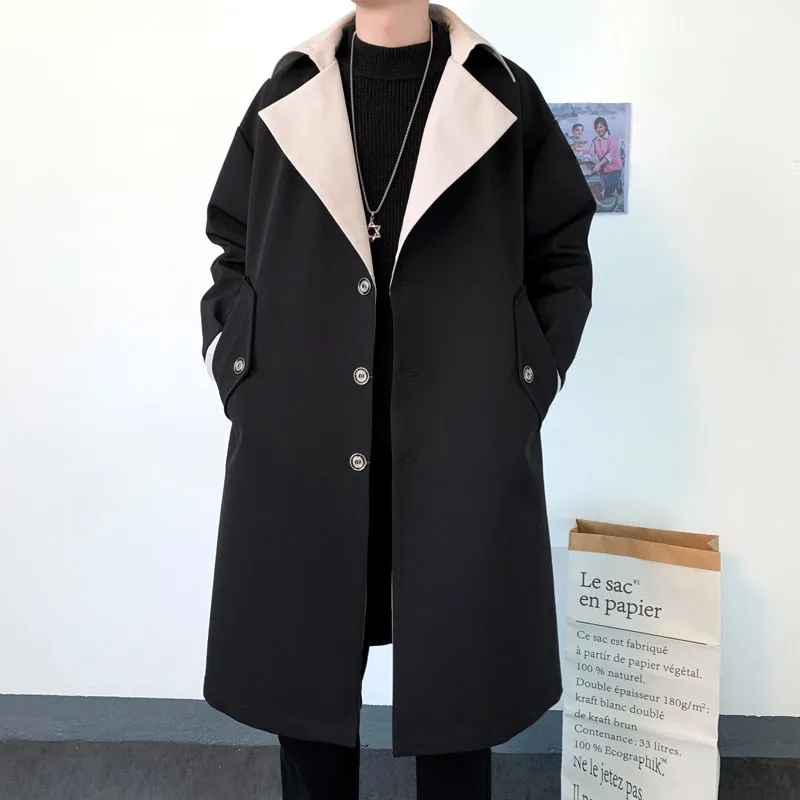 Autumn Men's Trenchcoat Contrast Color Turn-down Collar Male Long Coat Loose Overcoat Trend Handsome Casual Windbreaker