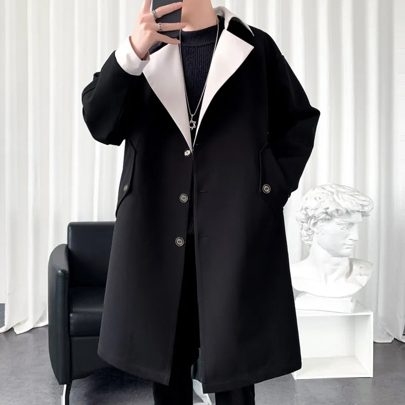 Autumn Men's Trenchcoat Contrast Color Turn-down Collar Male Long Coat Loose Overcoat Trend Handsome Casual Windbreaker