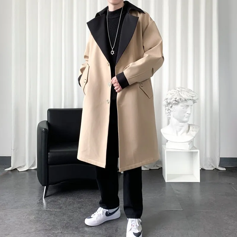 Autumn Men's Trenchcoat Contrast Color Turn-down Collar Male Long Coat Loose Overcoat Trend Handsome Casual Windbreaker