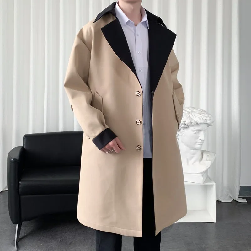 Autumn Men's Trenchcoat Contrast Color Turn-down Collar Male Long Coat Loose Overcoat Trend Handsome Casual Windbreaker