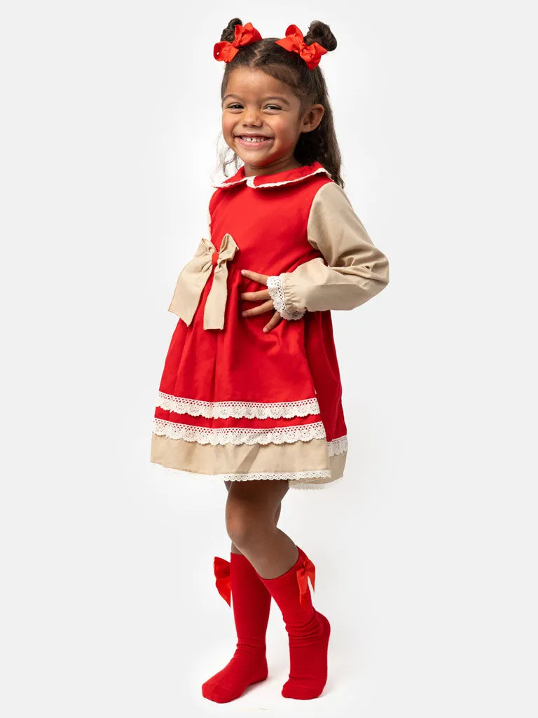 Baby Girl Alegría Collection with Lace and Bow Dress - Red & Beige