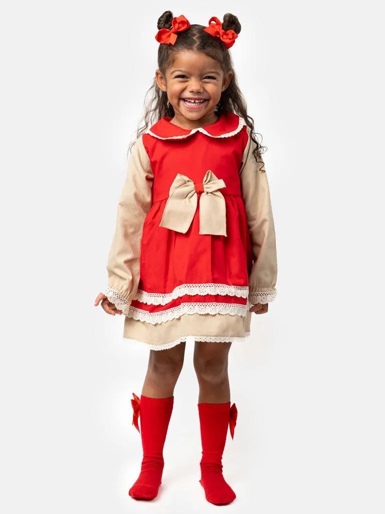 Baby Girl Alegría Collection with Lace and Bow Dress - Red & Beige