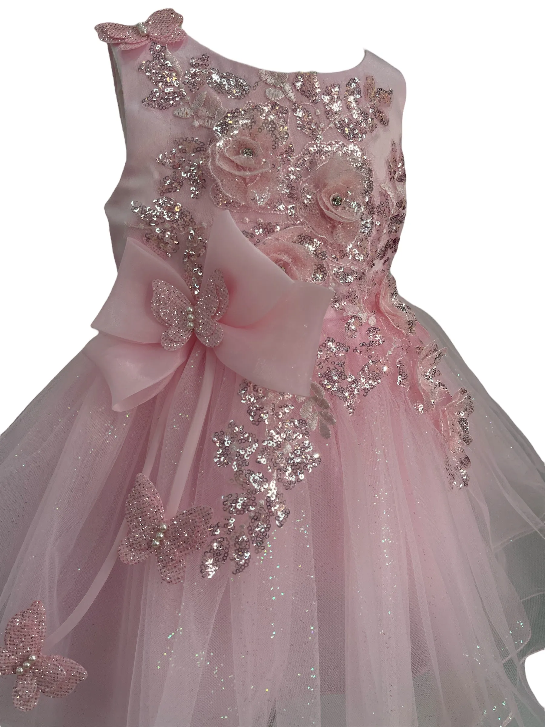 Baby Girls 3D Ribbon Flower Crystal Tulle Flower Girl Dress 3-24M