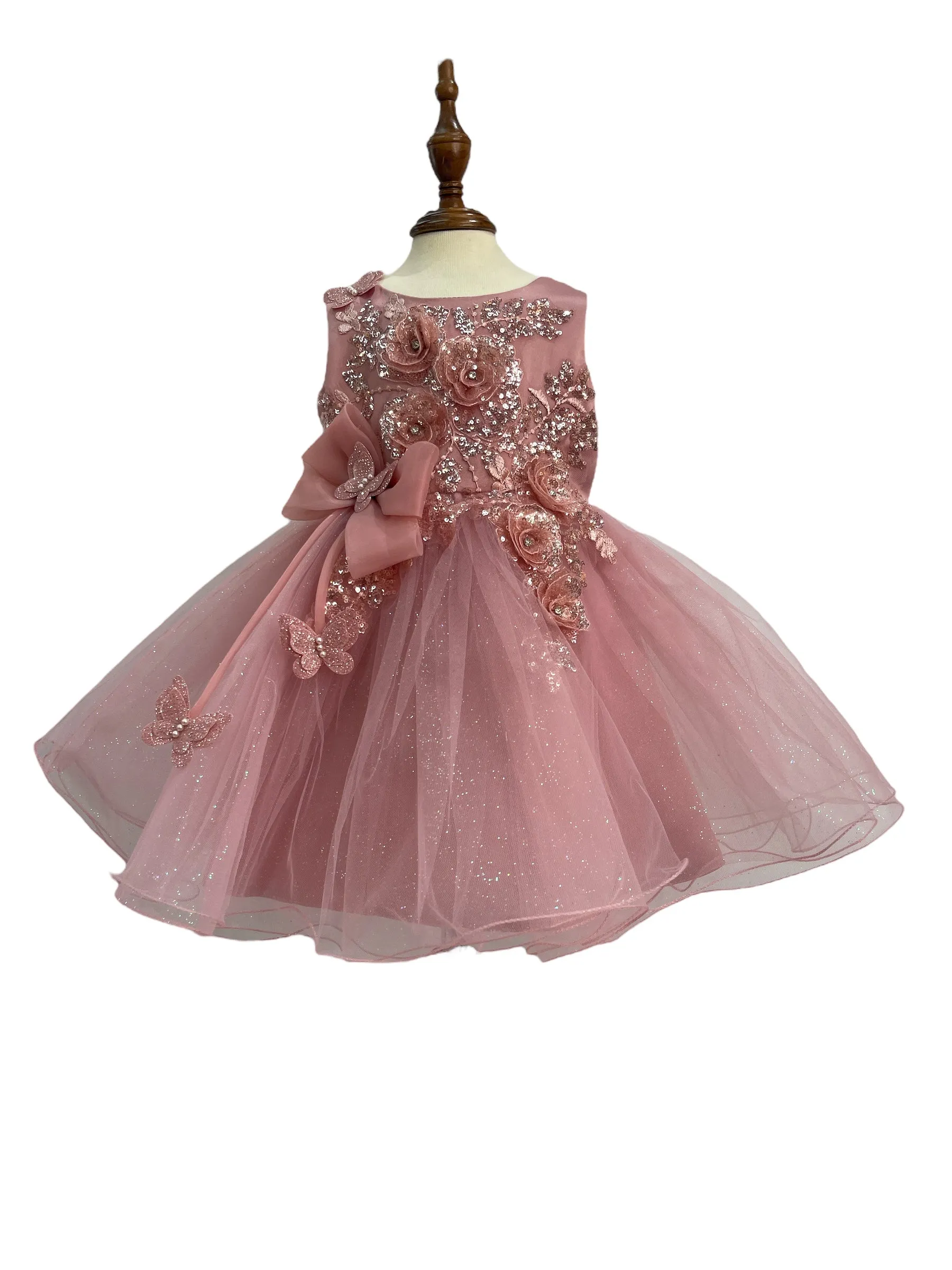 Baby Girls 3D Ribbon Flower Crystal Tulle Flower Girl Dress 3-24M