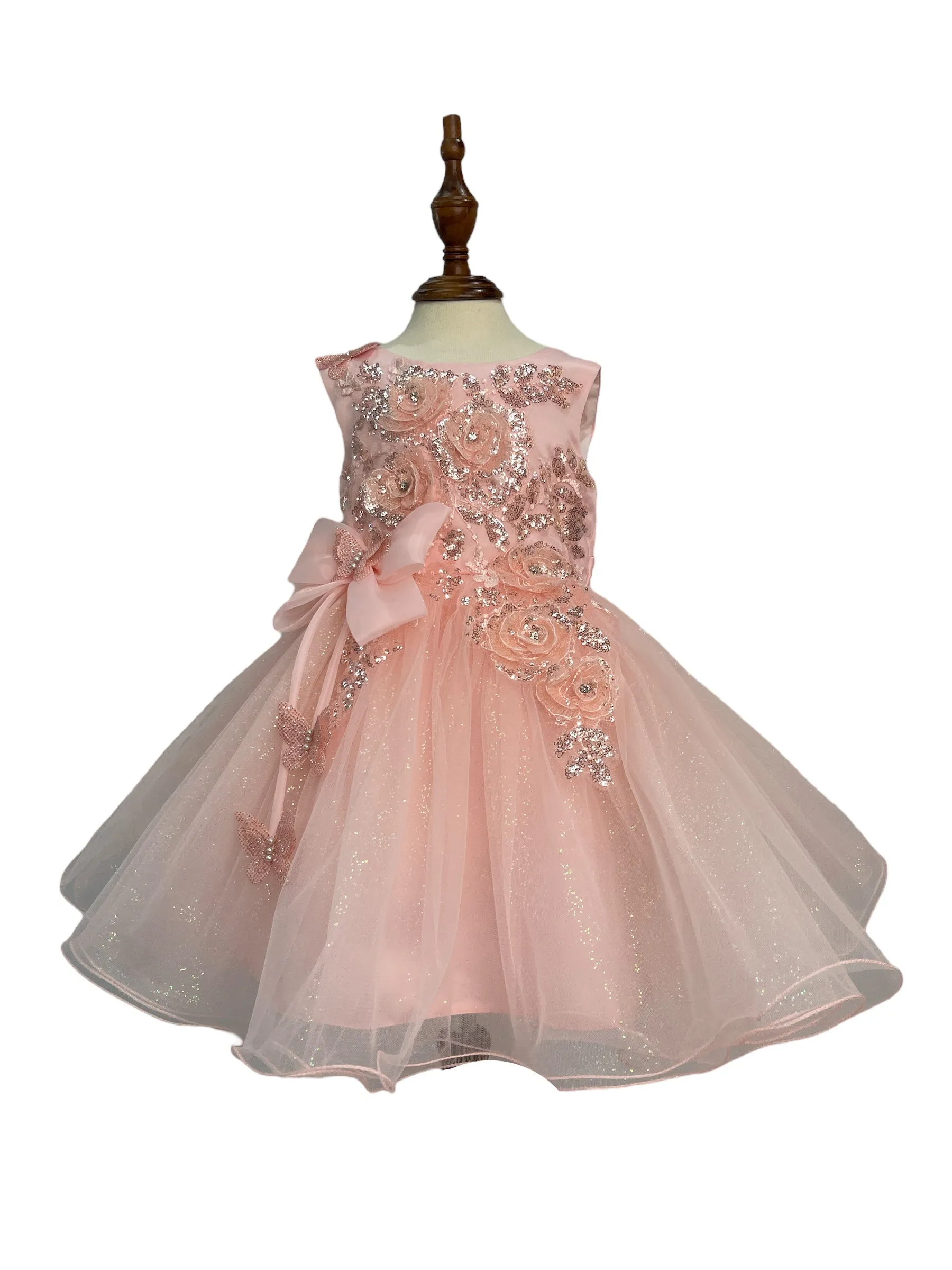 Baby Girls 3D Ribbon Flower Crystal Tulle Flower Girl Dress 3-24M