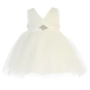 Baby Girls Ivory Glitter Tulle V-Neck Rhinestone Brooch Flower Girl Dress 12M