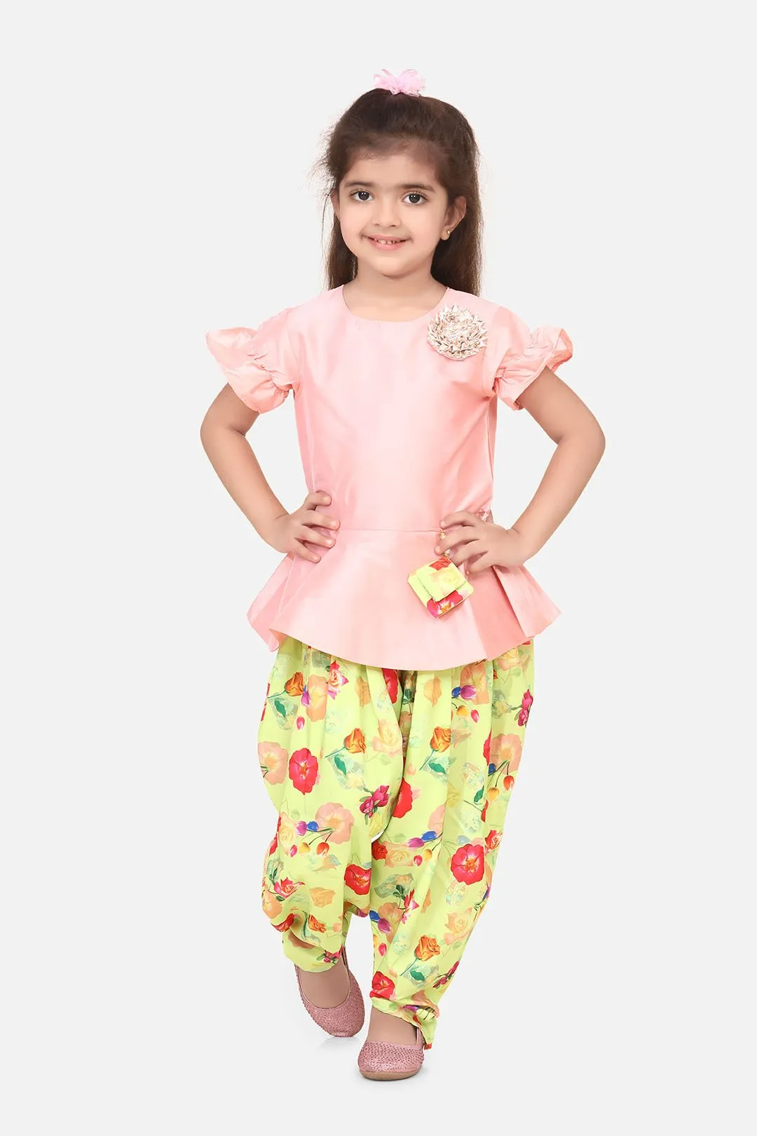 Baby Pink Peplum Suit with Lime Green Dhoti Set