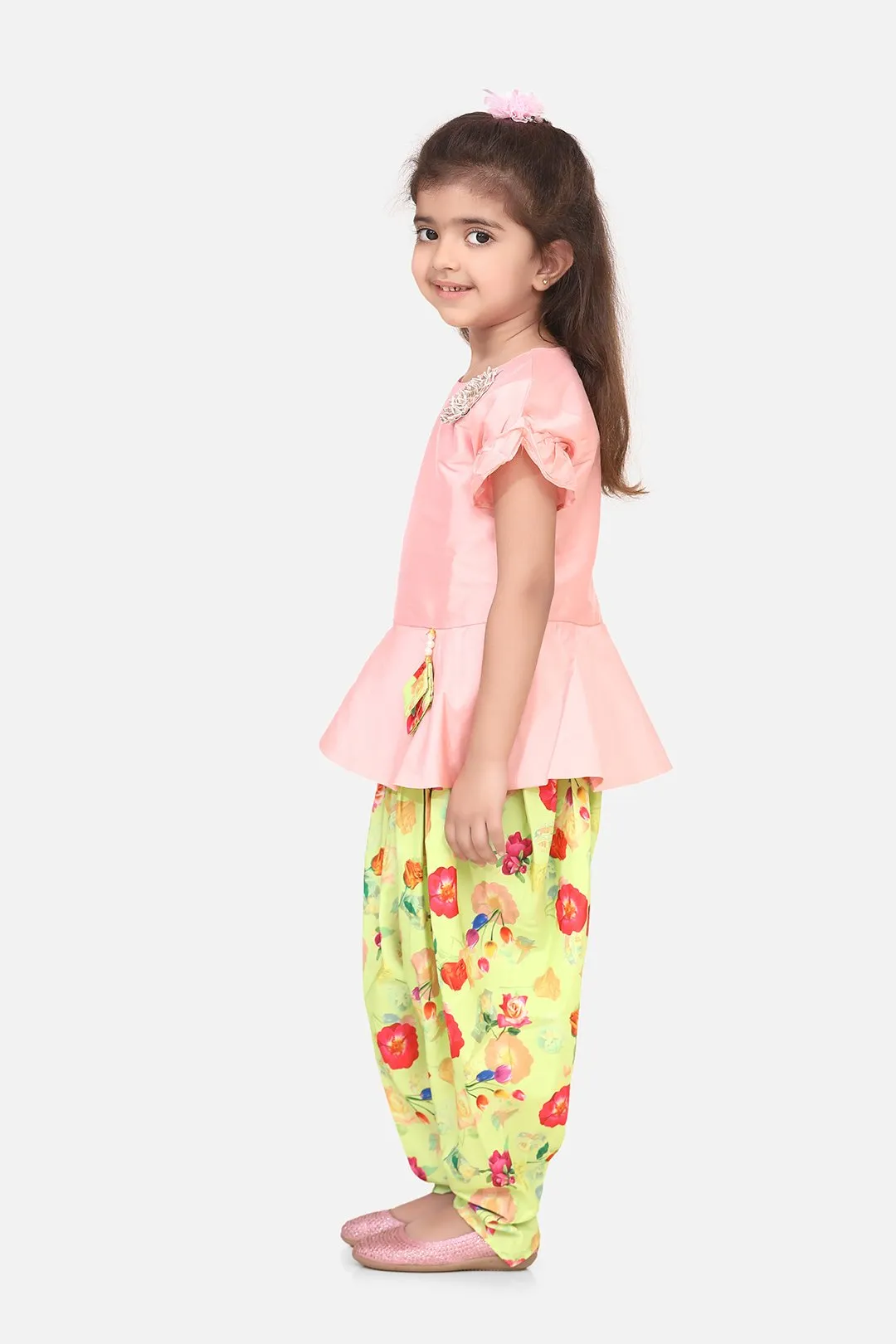 Baby Pink Peplum Suit with Lime Green Dhoti Set