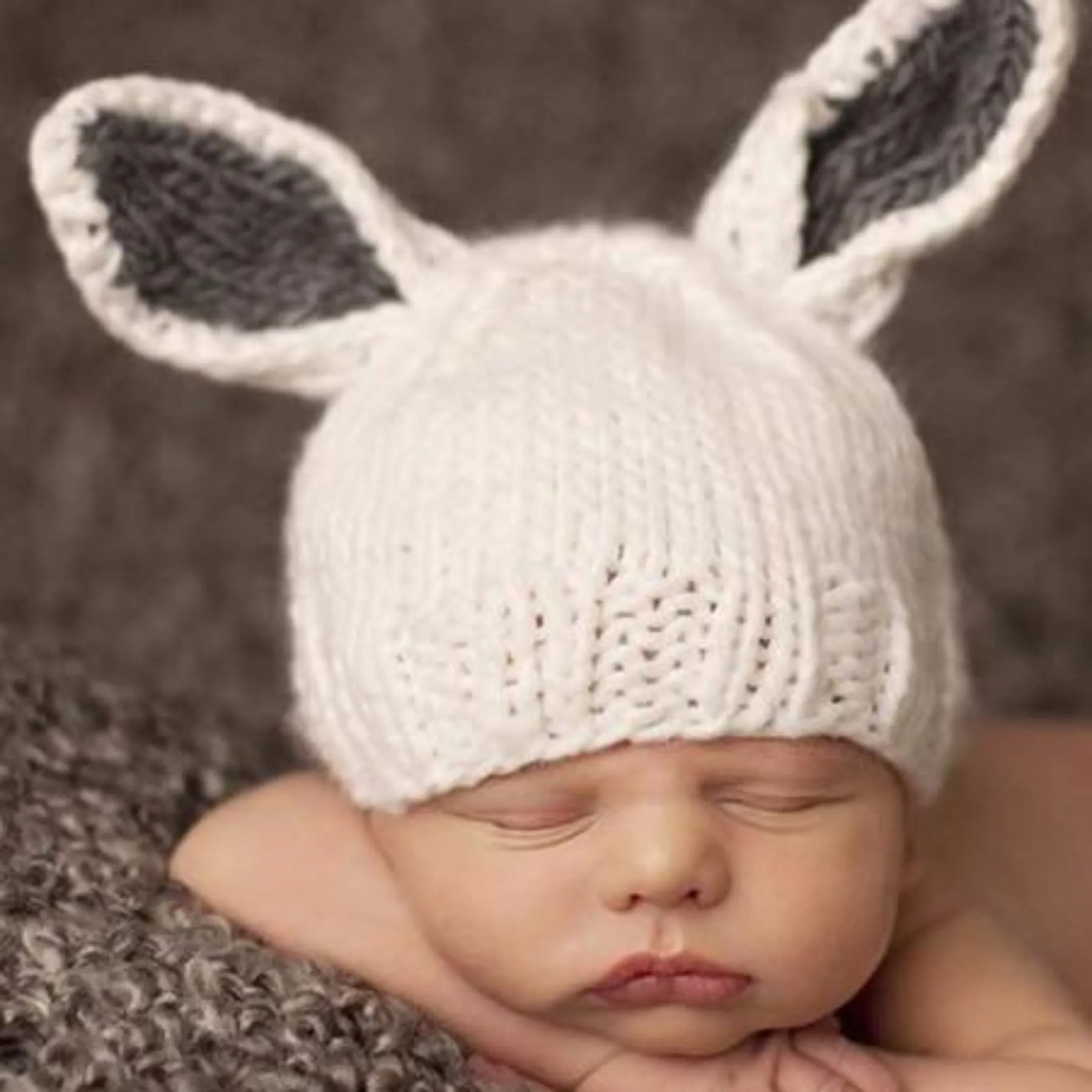 Bailey Bunny Hand-Knit Hat, White with Gray Ears