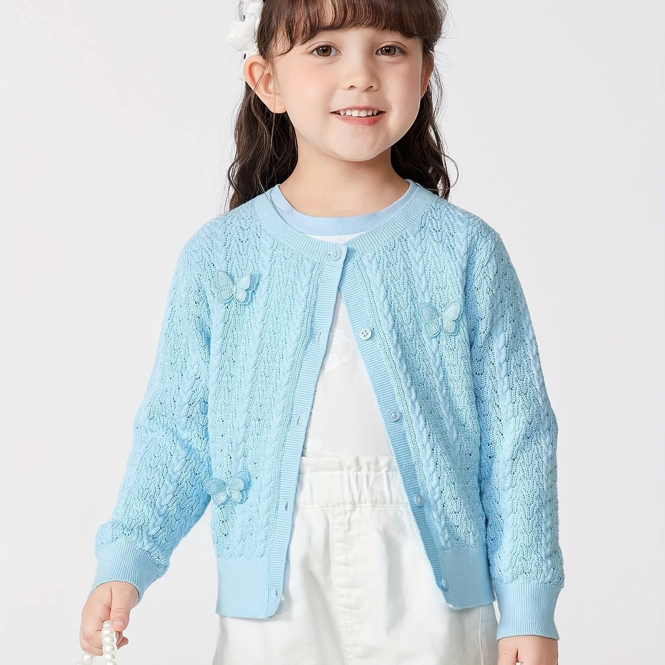 Balabala Girl's Crew-Neck Butterfly Appliques Knit Cardigan, 100% Cotton Long Sleeve Knitwear Jackets, Spring/Fall Clothing