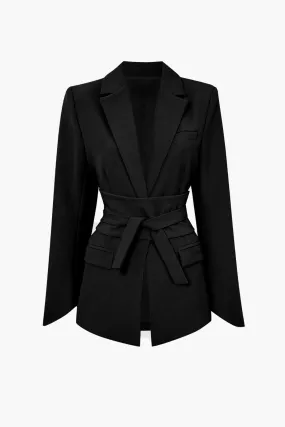 Basic Solid Notched Lapel Belted Blazer