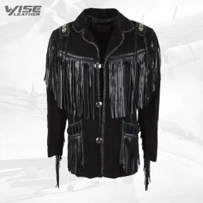 Black Boar Suede Hand Laced Bead Fringed Jacket Trimmed Coat