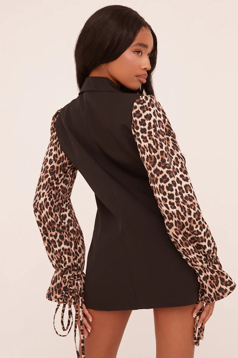 Black Leopard Print Button Up Front Oversized Blazer - Kirbie