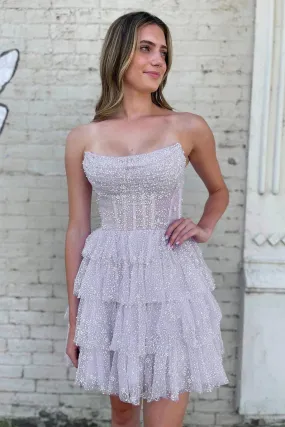 Bling Bling Strapless Layered Lilac Short Prom Dress, Strapless Lilac Homecoming Dress, Lilac Formal Evening Dress A1920