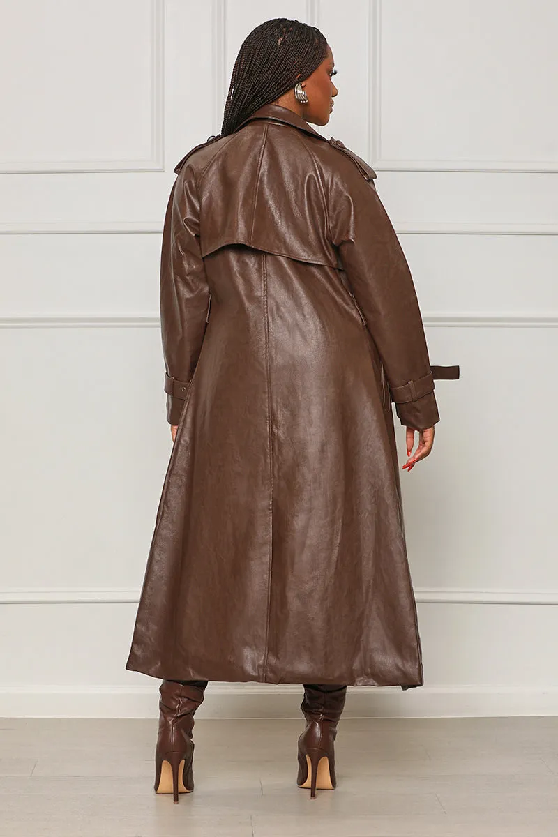 Blocked Hearts Faux Leather Trench Coat (Brown)- FINAL SALE