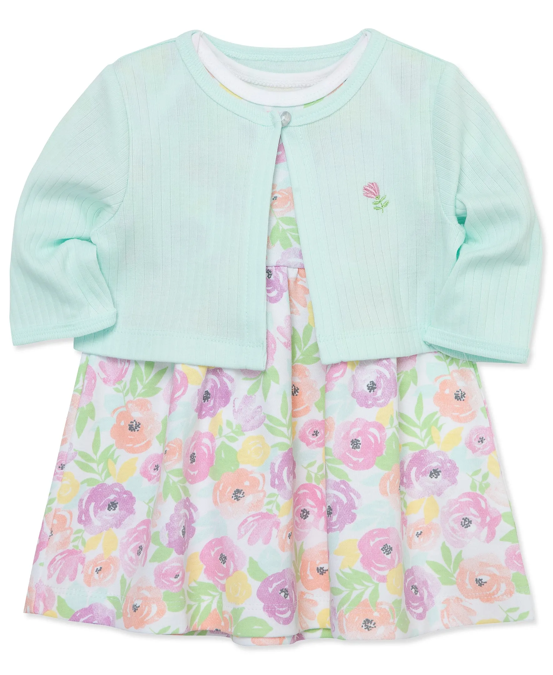 Blossoms Soft Cotton Dress & Cardigan Set