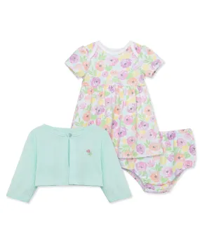 Blossoms Soft Cotton Dress & Cardigan Set