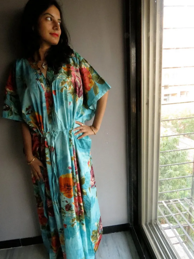 Blue Large Floral Blossom V-Neck Button Down to Waist, Ankle Length, Cinched Waist Caftan