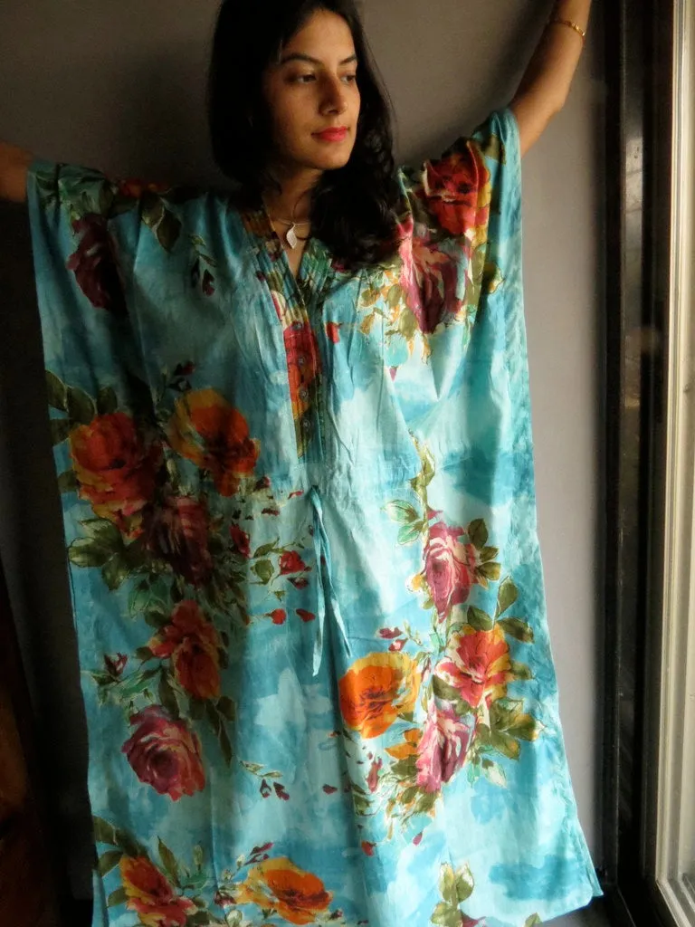 Blue Large Floral Blossom V-Neck Button Down to Waist, Ankle Length, Cinched Waist Caftan