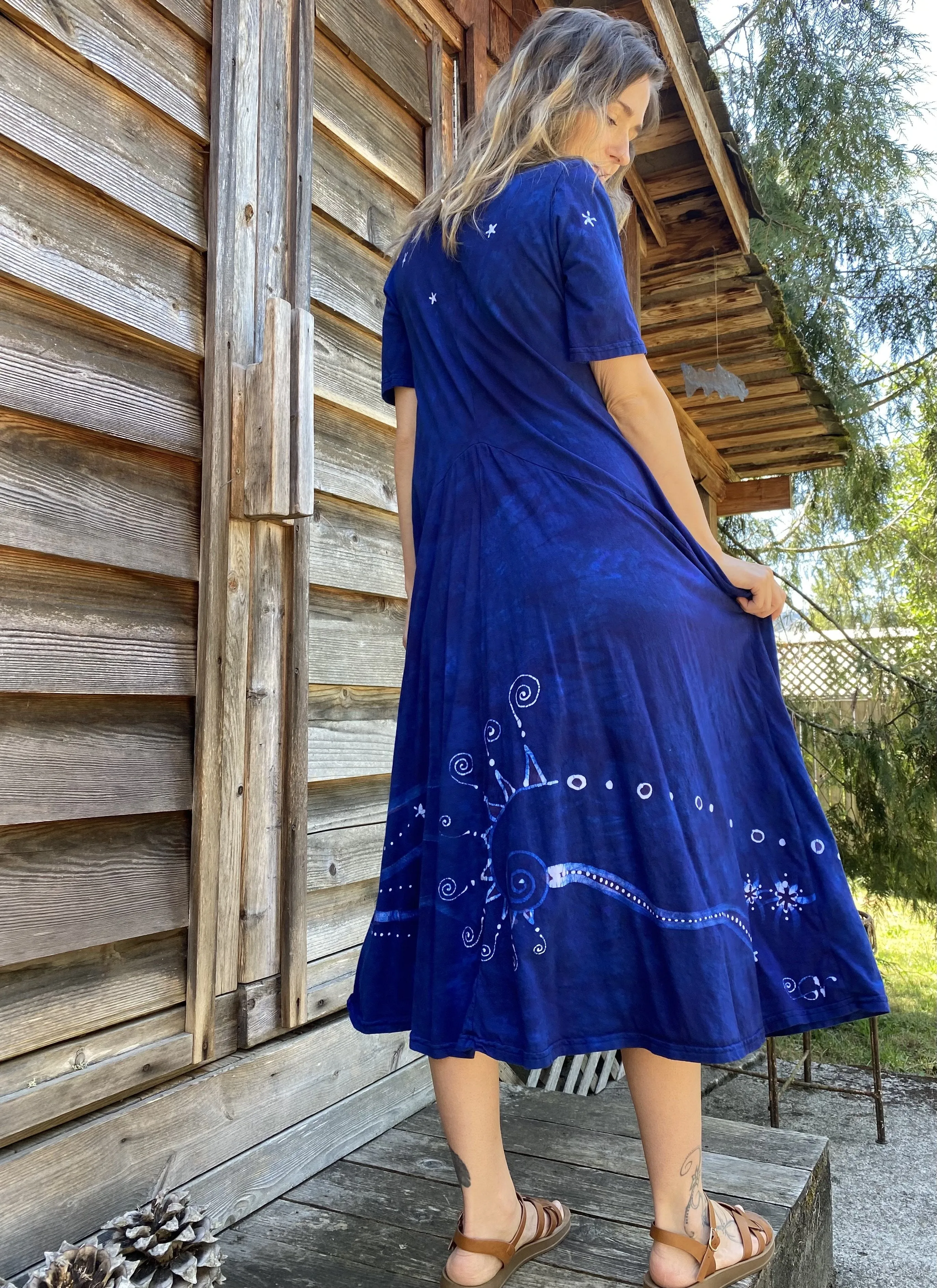 Blue Moon Galaxy - Hand Painted Short Sleeve Batik Dress - Size 3X